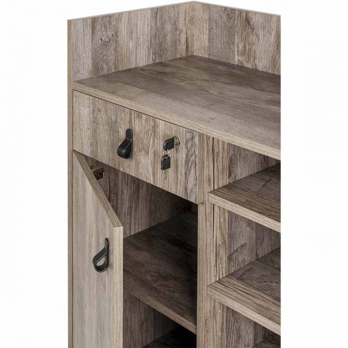 meuble caisse de réception, en bois stratifié effet naturel avec multiples rangements