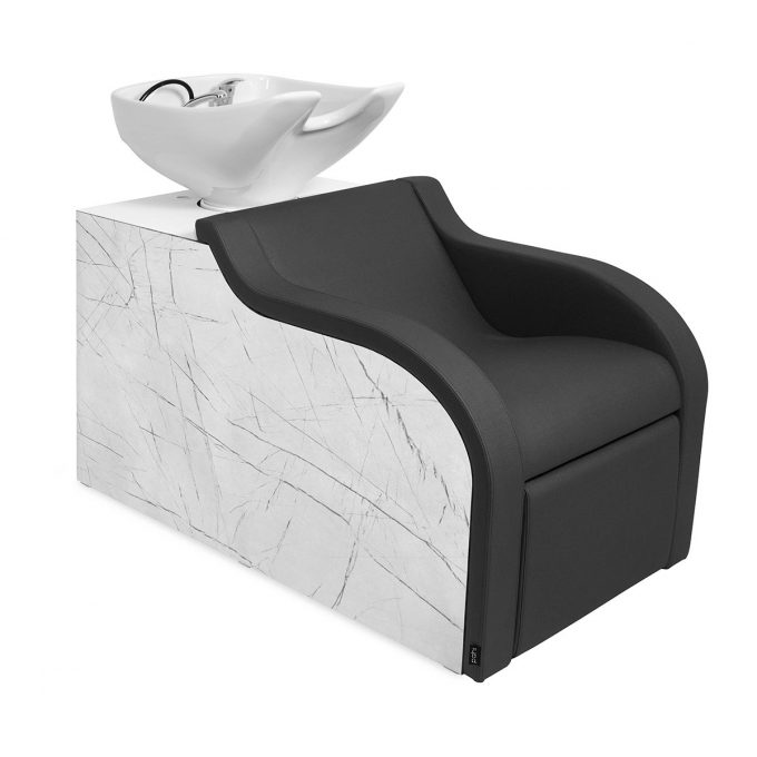 bac à shampoing en stratifié effet marbre blanc mate avec assise en skai noire rembourrée et grande vasque ergonomique en céramique blanche basculante