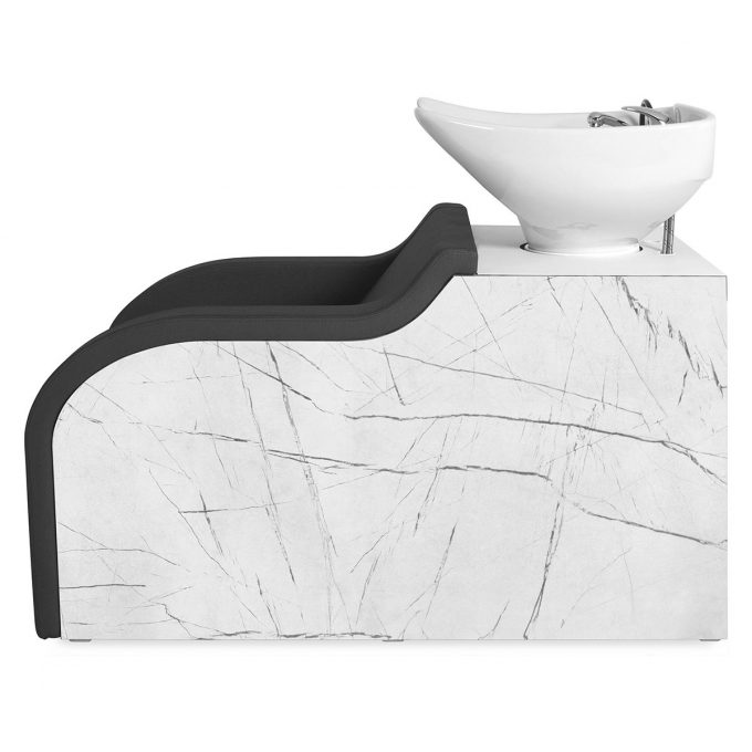 bac à shampoing en stratifié effet marbre blanc mate avec assise en skai noire rembourrée et grande vasque ergonomique en céramique blanche basculante