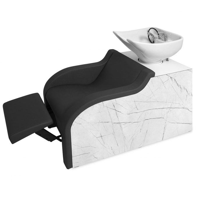 bac de lavage avec repose jambes électrique et massage shiatsu, finition similicuir au choix, structure en bois stratifié effet marbre