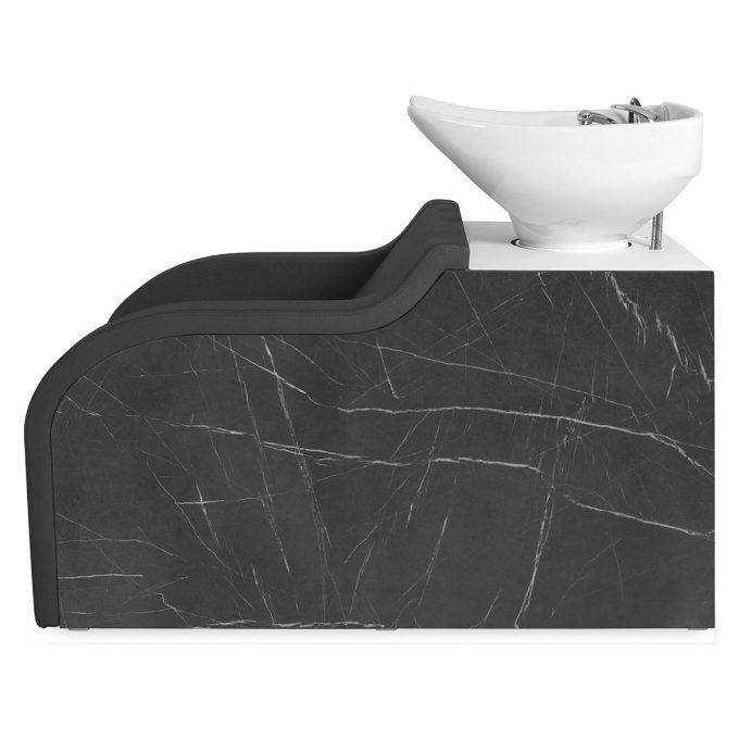 Bac à shampoing avec structure en stratifié effet marbre, vasque ne céramique blanche équipée