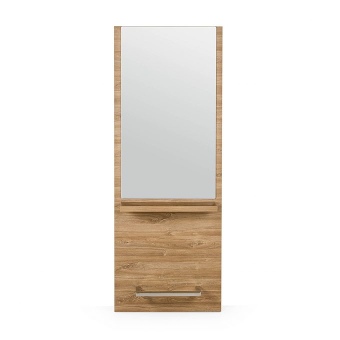 Poste de coiffage économique et fonctionnel avec struture murale en bois stratifié couleur bois clair, grand miroir tablette en bois et repose-pieds