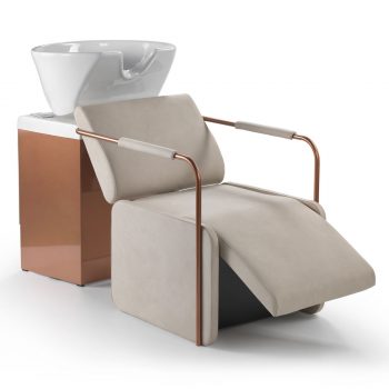Bac à shampoing avec structure en métal verni cuivré, vasque en céramique, assise rembourrée tapissée en similicuir, reposes jambes électrique et air massage en option